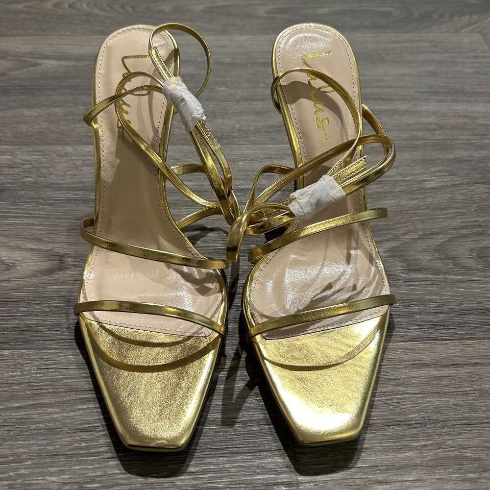 NEW Lulus SZ 9 Gold Sanga Strappy Square Toe Stiletto High Heels Tie Up Metallic - Picture 6 of 11